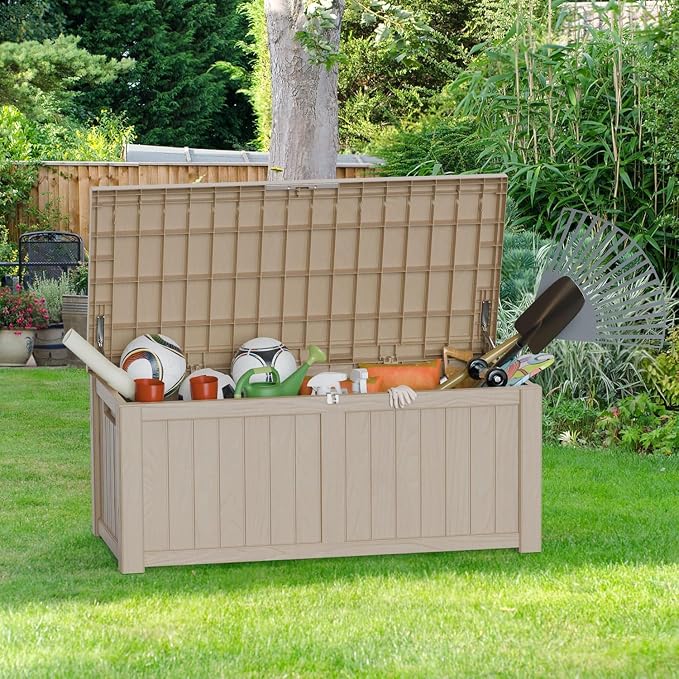 Outdoor Storage Deck Box, Large Patio Container for Garden Tools, Cushions and Yard Accessorie.Lockable Waterproof Resin Weatherproof Storage Container (Light Brown, 150 Gallon)
