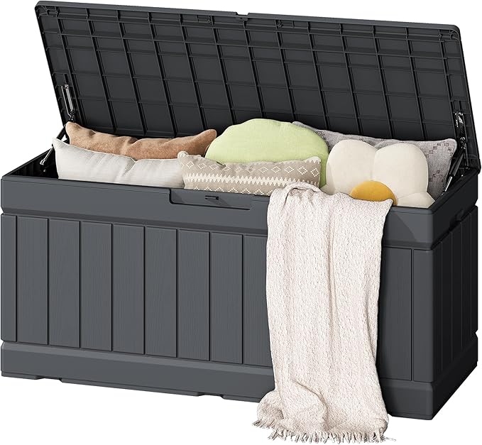 Flamaker Outdoor Storage Box 80 Gallon Resin Waterproof Deck Box Delivery Box with Wood Texture Large Storage Bin for Patio Cushions, (Grey)