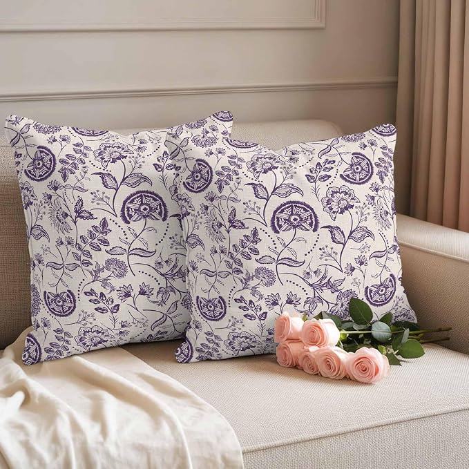 Outdoor Pillow Covers 18x18 Set of 2, Purple Spring Floral Waterproof Patio Throw Pillow Covers for Couch Sofa Chair, Summer Botanical Farmhouse Decorative Pillowcases for Throw Pillows