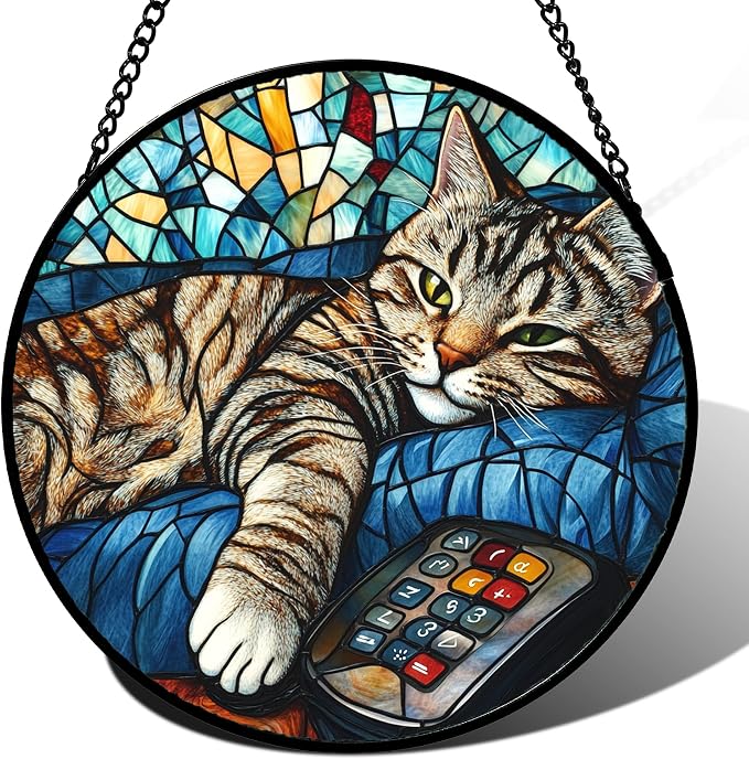 DASTOLL Stained Glass Window Hanging Gray Cat and Remote Control Large 15" - Suncatcher Door Garden Kitchen Sun Catcher Home Decor Birthday for Lost Pets Mom Men Woman Friend Grandma