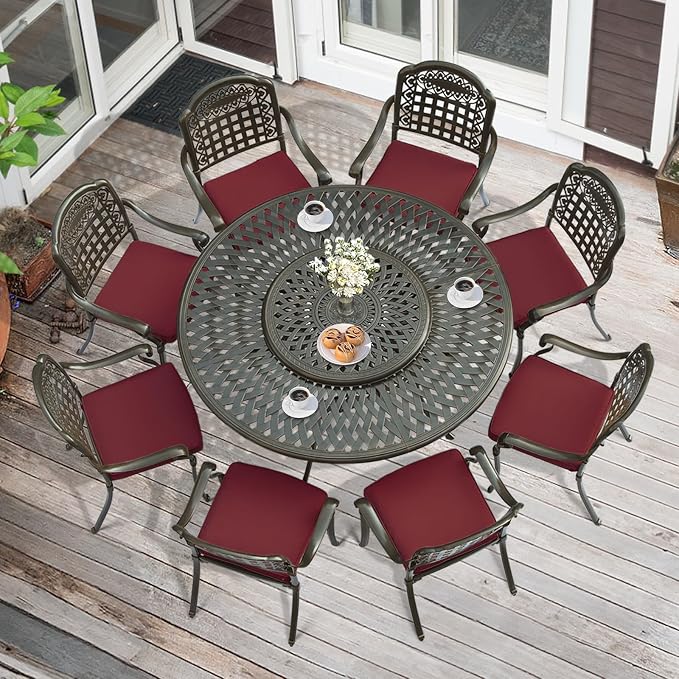 MEETWARM 9-Piece Outdoor Furniture Dining Set, All Weather Cast Aluminum Patio Garden Set with 8 Cushioned Chairs, 61" Round Patio Dining Table with Detachable Lazy Susan, 2" Umbrella Hole, Chili Red