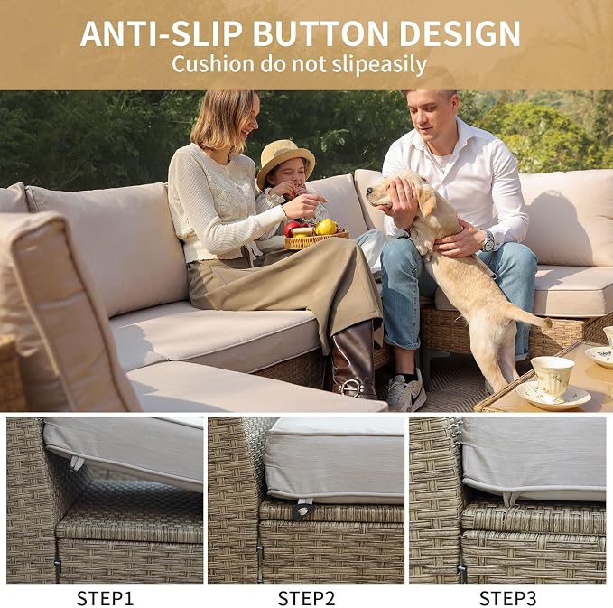Jing's Villa 9-Piece Outdoor Patio Furniture Set,Rattan Conversation Sectional Sofa w/Coffee Table, All-Weather Patio Conversation Set with Thick and Anti-Slip Cushions for Backyard,Deck,Beige