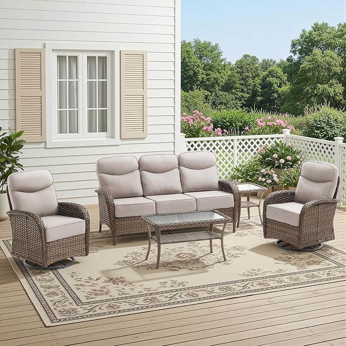 HUMMUH 5-Piece Patio Furniture Set with 6" Thick Cushion High Back Outdoor Swivel Rocker Chairs,3-Seater Sofa,Coffee Table & Ottomans,Wicker Outdoor Conversation Set for Deck, Porch,Poolside