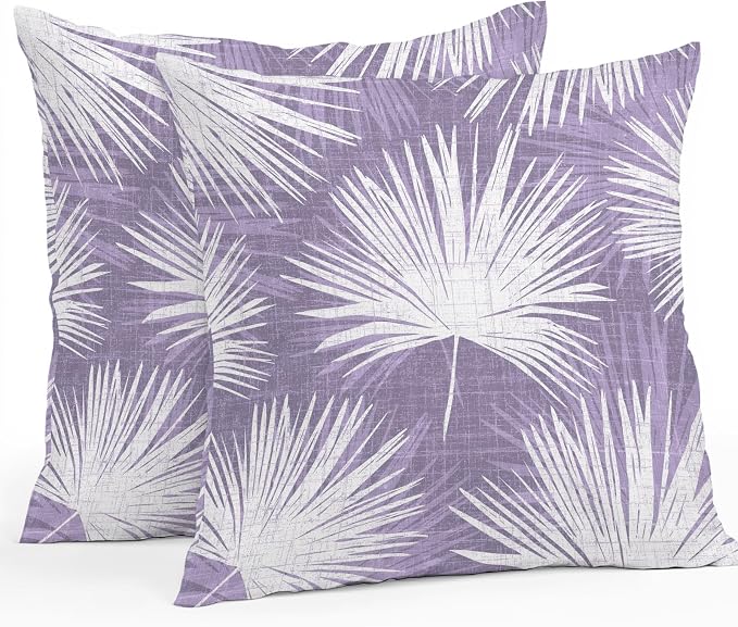 Throw Pillow Covers 26x26 Inch Set of 2, Purple Palm Leaves Coastal Waterproof Outdoor Pillow Covers, Summer Tropical Botanical Boho Decorative Cushion Pillowcases for Couch, Sofa, Bed, Garden, Patio
