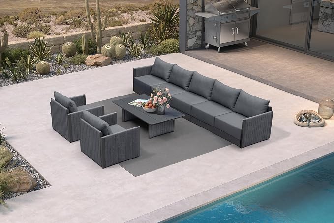 PURPLE LEAF Patio Furniture Set 8-Piece Outdoor Conversation Sets PP Rope Patio Sofa with Cushions and Table Manual Weaving Deep Seating Furniture for Porch Lawn Backyard Gray