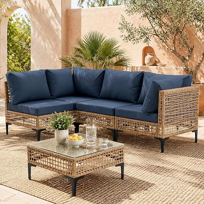 5-Piece Outdoor Wicker Patio Sectional Furniture Set, Dark Blue | 4-Seat, PE rattan, All weather performance, Patio onversation set, for Backyard Porch Poolside Deck