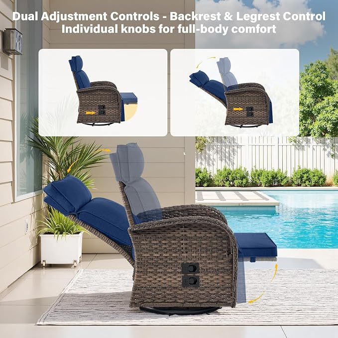 Belord 5 Piece Patio Furniture Set with Swivel Recliner Chair - Patio Outdoor Couch Set, Chaise Lounge Chair Outdoor with Adjustable Backrest and Footrest and Coffee Table for Casual Gathering