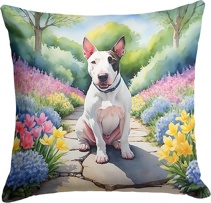 Caroline's Treasures English Bull Terrier Spring Path Throw Pillow Machine Washable, Indoor Outdoor Decorative Pillow for Couch, Bed or Patio, 18Hx18W