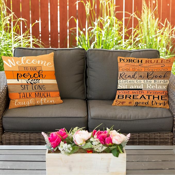 Welcome to Our Porch Fall Outdoor Pillow Covers 18x18 Inch Set of 2 Waterproof Tiered Wood Texture Quotes Throw Pillow Covers for Patio Furniture Fall Decor