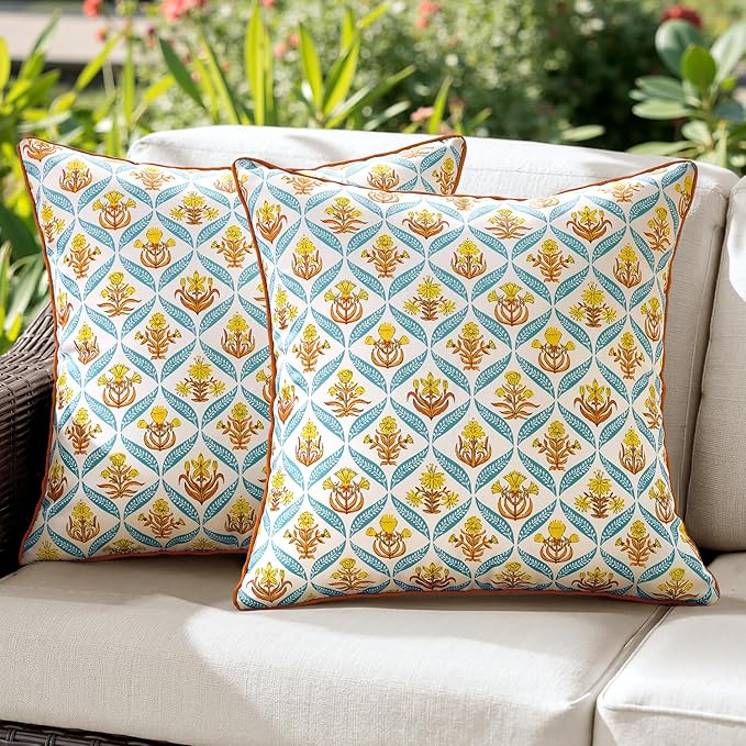 ANRODUO Floral Outdoor Waterproof Pillow Covers Set of 2 Orange 20x20 Inch | Square Block Print Decorative Cushion Cases With Refined Edge Piping for Summer Patio Porch Garden Couch Sofa Bench Decor