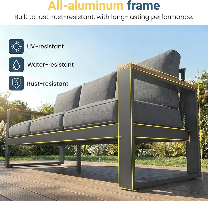 Aluminum Outdoor Patio Furniture Set with Height-adjustable Footrest for Lawn Porches Patio, 4-Seats All-weather Patio Sofa Sets with Coffee Table, Modern Outdoor Patio Conversation set, Grey