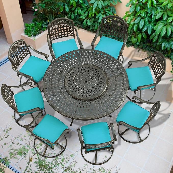 VIVIJASON 9-Piece Outdoor Furniture Dining Set, Rust-Free Cast Aluminum Patio Conversation Set, Include 8 Swivel Dining Chairs & 61" Round Dining Table with 31" Lazy Susan, Umbrella Hole, Ocean Blue