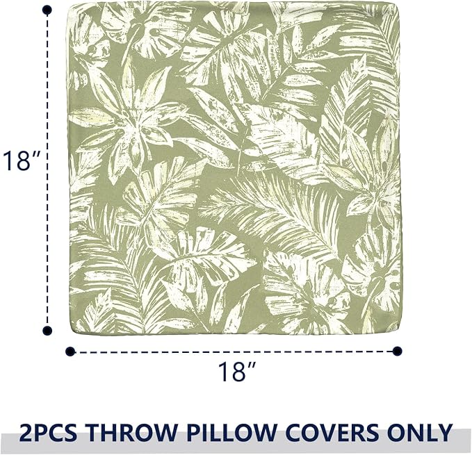 Outdoor Throw Pillow Covers 18x18 Inch, Decorative Pillow Covers for Patio Furniture, Tropical Leaf Green Modern Cushion Cases for Garden Couch Home Sofa, Pack of 2