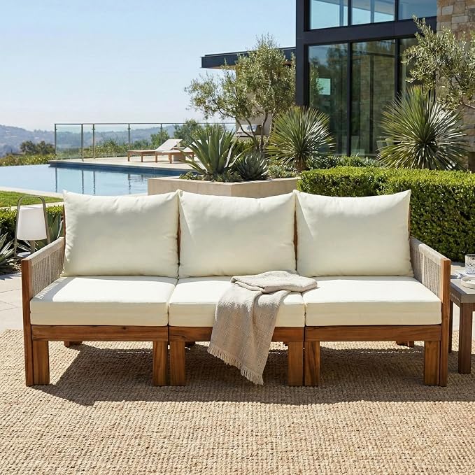 JIVOIT Outdoor Patio Daybed with Rope-Woven Armrests, Convertible Outdoor Sleeper Sofa with Acacia Wood Frame, 3 Seat Patio Sunbed for Backyard, Pool (Beige/85)