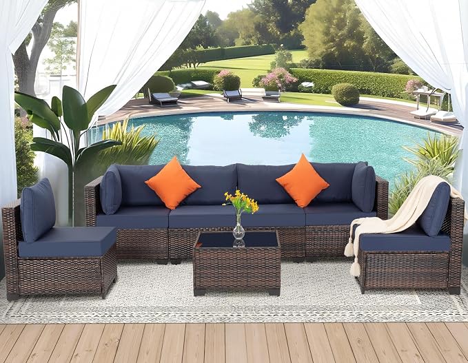 FHFO 7 Piece Outdoor Wicker Patio Furniture Set, Brown/Blue | Sectional Sofa | All-Weather Hand-Woven Rattan | Tempered Glass Coffee Table | Free Combination | Indoor & Outdoor Use
