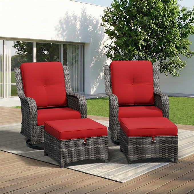 4 Piece Outdoor Wicker Patio Furniture Set, Outdoor Swivel Rocker Patio Chairs Set with Thickened Olefin Cushions, High Back and Deep Seating, Hand-Woven PE Rattan, Ottoman for Porch, Deck