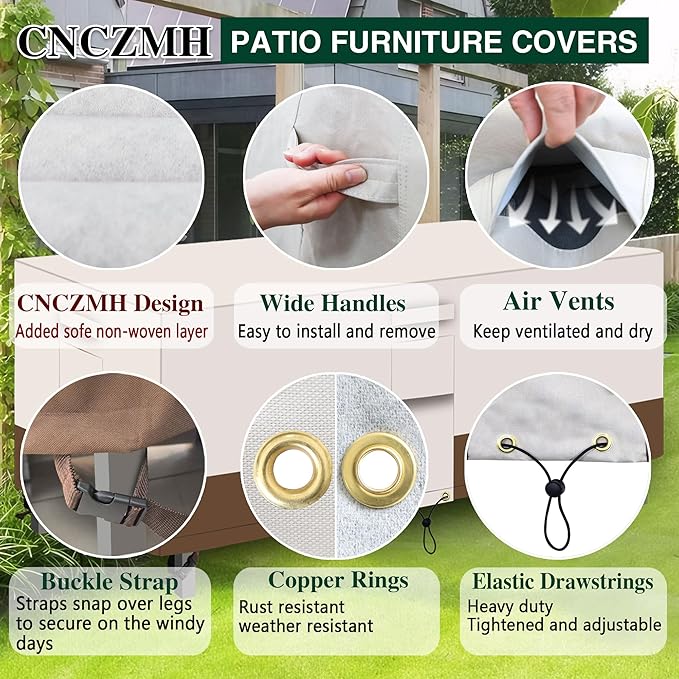 Heavy Duty Patio Furniture Covers Waterproof, 600D Outdoor Furniture Cover Waterproof for Sectional Sofa Couch, Outdoor Dining Table and Chair Set Covers 78''L x 62''W x 30''H, Beige Brown