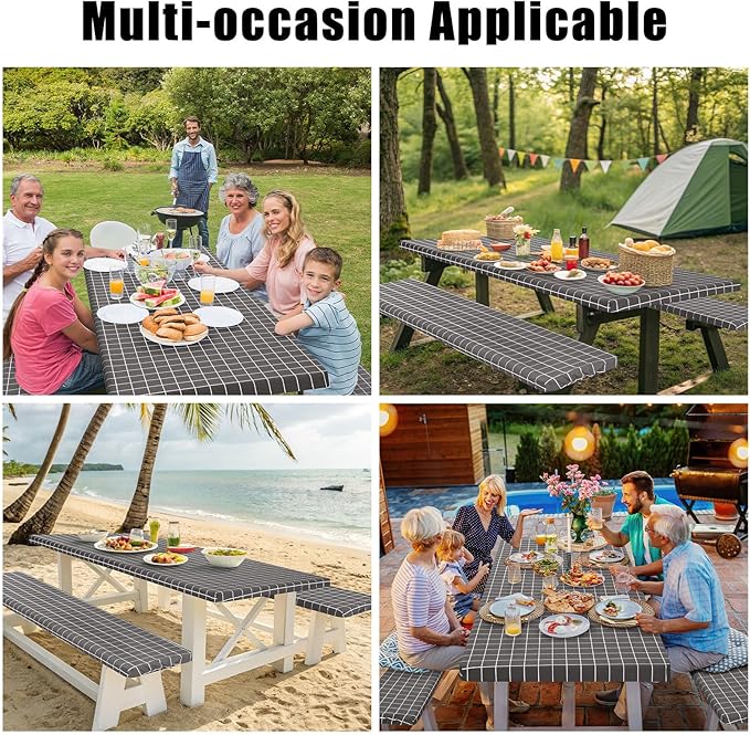 Smiry Picnic Table Cover with Bench Covers, Waterproof Elastic Fitted Tablecloth for 8 Foot Tables, Washable Polyester Tablecloths for Camping, Indoor & Outdoor (Grey & White, 30x96 Inch 3-pc Set)