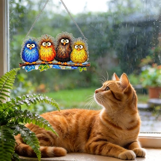 Stained Glass Window Hanging - Funny Fluffy Birds Suncatcher for Windows Doors Home Decor, Colorful Crazy Birds on Branch Sun Catcher Gift for Women Mom Nana Bird Lovers Christmas Mother's Day 7.8 in