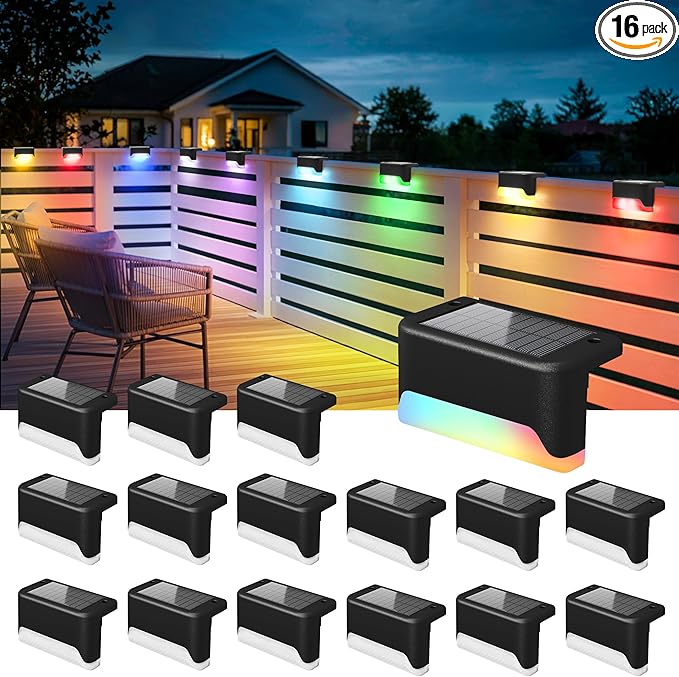 SOLPEX Solar Deck Lights Outdoor, Solar Fence Lights Waterproof LED Step Light for Outside,Patio,Stair,Garden,Yard,Railing,Front Porch, Balcony Decor(16 Pack RGB)