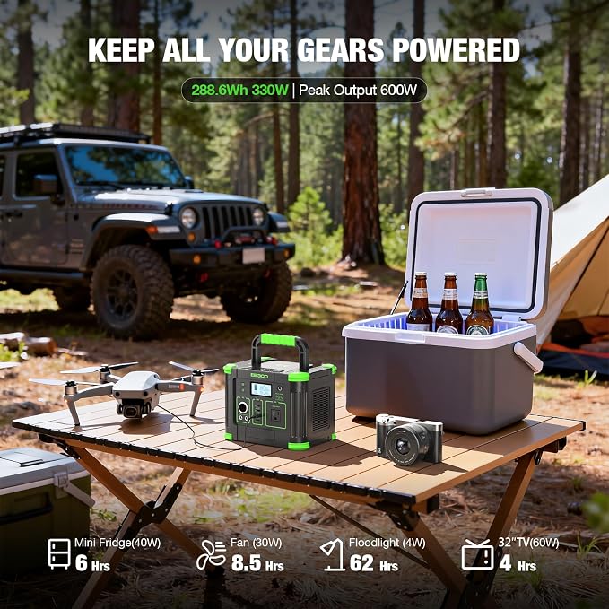 330W Portable Power Station 288.6Wh Solar Generator with 600W Peak, PD 60W USB-C, QC3.0 & 5W Wireless Charger for Camping, Emergency Backup, RV & Home Use