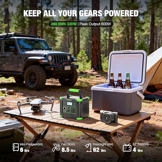Portable Power Station 330W 288.6Wh Solar Generator with 60W USB-C PD Fast Charging, Pure Sine Wave AC Outlet, 5W Wireless Charger, LED for Camping, RV, CPAP, Home Emergency Backup, Off-Grid Living