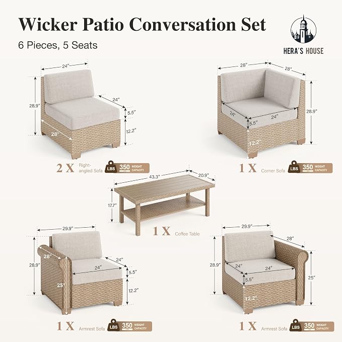HERA'S HOUSE 6 Piece Patio Furniture Set, Outdoor Sectional Wicker Sofa with 44" Coffee Table, 5.5" Thick Waterproof Cushion All Weather 5 Seats Modular Conversation Set for Garden Deck Backyard