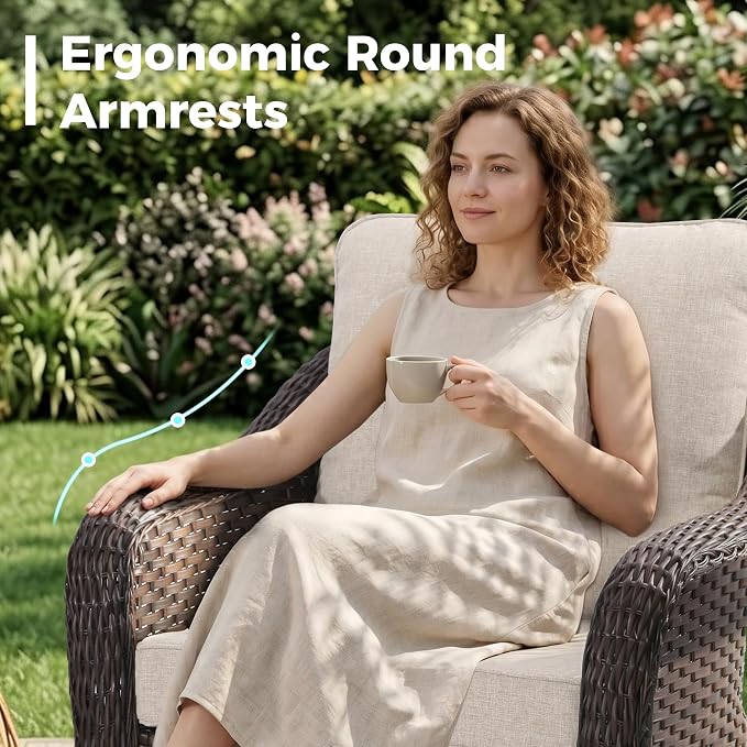 3 Piece Patio Wicker Conversation Set, All-Weather Use Outdoor Wicker Loveseat with 2 PE Rattan 360 Swivel Chair, Ideal for Porch, Backyard, Balcony, Poolside, Beige