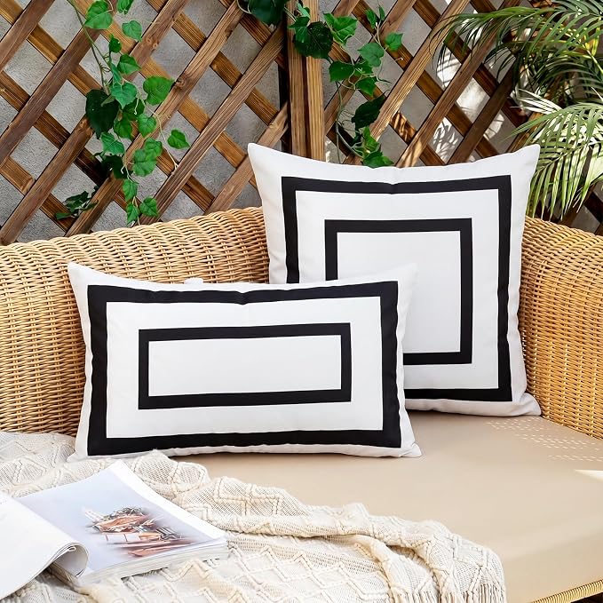 Pyonic Outdoor Waterproof Throw Pillow Covers 12 X 20 Inches Black and White Geometric Modern Pillow Covers for Patio Garden Porch Set of 2