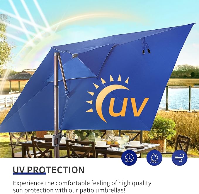 JZAC & QZYD 9x12 FT Outdoor Cantilever Patio Umbrella with LED Lights, Large Heavy Duty 2-Tier Aluminum Offset Umbrellas with 360-Degree Rotation for Pool Deck, Navy