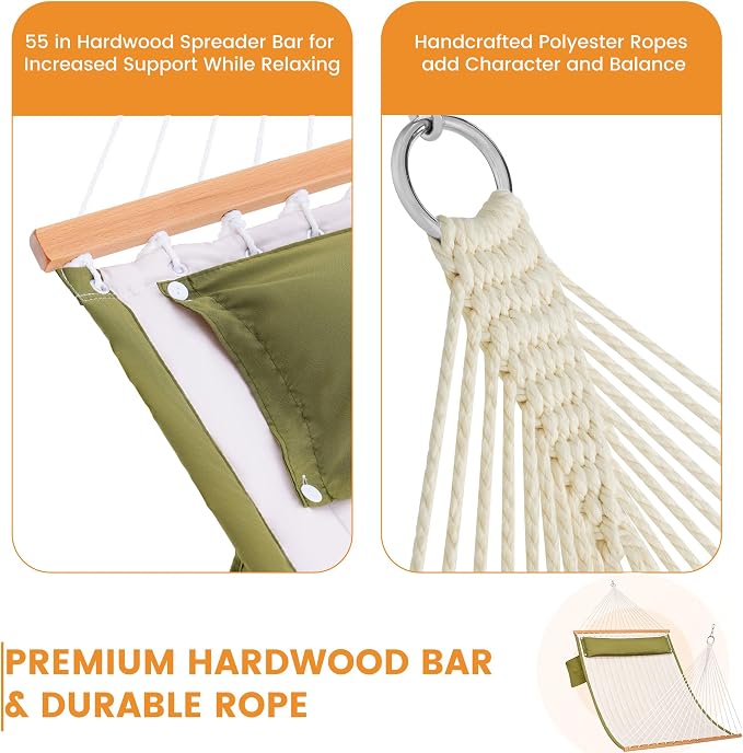 Lazy Daze Hammocks 2 Person Double Quilted Hammock with Spreader Bar, Detachable Pillow & Side Pocket, 450lbs Capacity for Patio Yard Garden Outdoor, Natural & Green