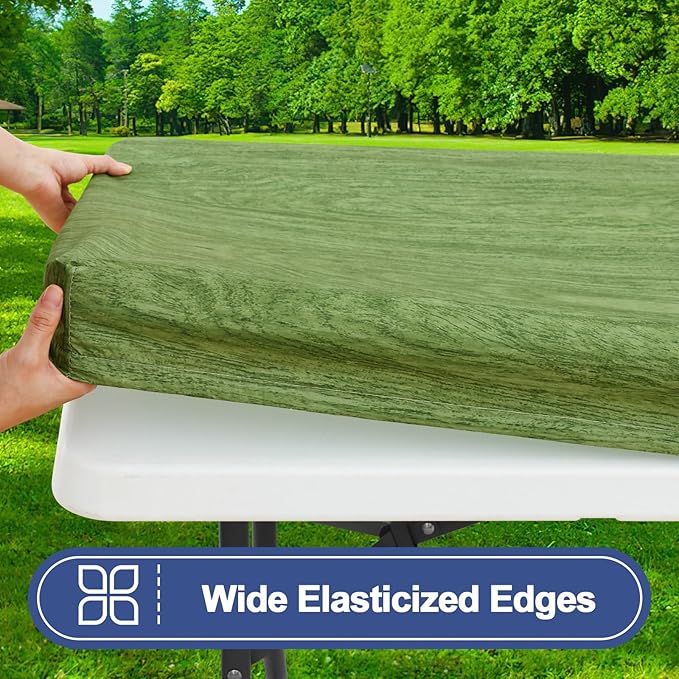 Smiry Picnic Table Cover with Bench Covers, Waterproof Elastic Fitted Tablecloth for 8 Foot Tables, Washable Polyester Tablecloths for Camping, Indoor & Outdoor (Green & Black, 30x96 Inch 3-pc Set)