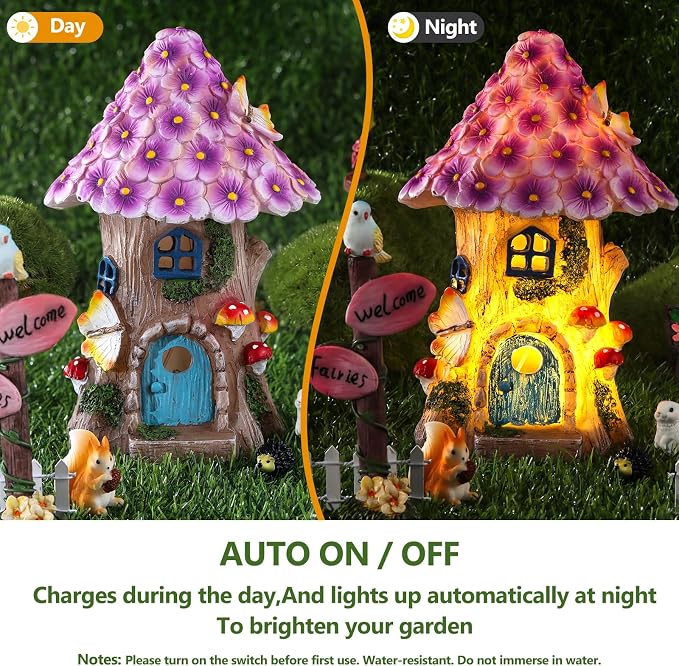 60 Pcs Solar Fairy Garden House Resin Kit | with Lighted Cottage Miniature Fairy Garden Accessories Set for Outdoor Patio Yard Planter Decor DIY Fairy Garden Kit (Fairy)