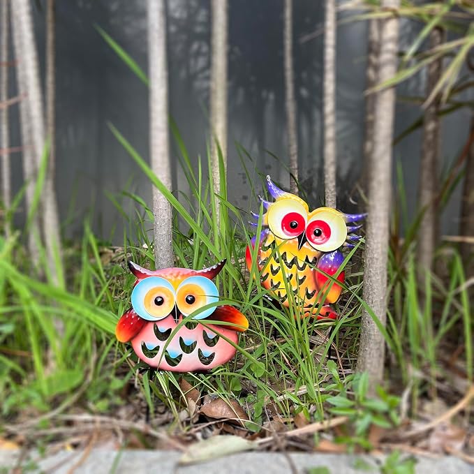 Pack of 2 Metal Fresh Color Owl Garden Statues Silhouette Owl Stakes Decorative Outdoor Statues Animal Sculptures for Yard Décor and Lawn Ornaments, MX202303-1 | Weatherproof metal. Fresh colored 2-pack silhouette stakes. Perfect for garden, yard, pati...