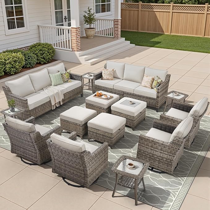 14 Piece Patio Furniture Set-High Back Outdoor Furniture Set Sectional Sofa with Wicker Swivel Patio Chairs,Comfy Cushions Ottomans for Porch Balcony Patio Deck Grey/Beige