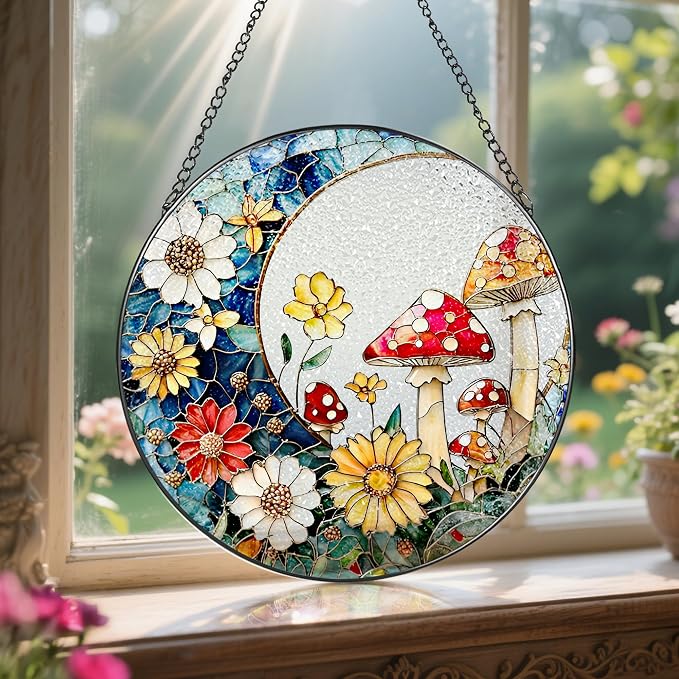 8 Inch Mushroom Suncatcher, Stained Glass Mushrooms Home Decor, Stained Glass Window Hanging, Plant Lover Gifts for Women, Birthday Gifts for Her Mom Grandma, Idea Gift, Gift Exchange