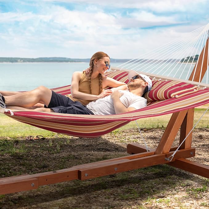 SUNCREAT Outdoor Hammock with Stand, Two Person Quilted Fabric Hammock Swing with Adjustable Wooden Stand, Red Stripes