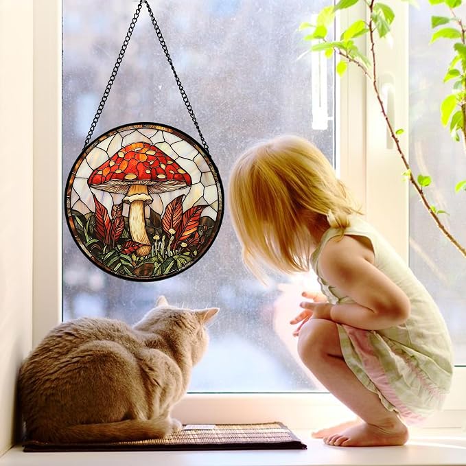 DASTOLL Stained Glass Window Hanging, Big Red Mushroom Suncatcher for Doors Home Sun Catchers Decoration and Christmas, Mother's Day Birthday Gifts for Women, Men, and Mom 7.8 in