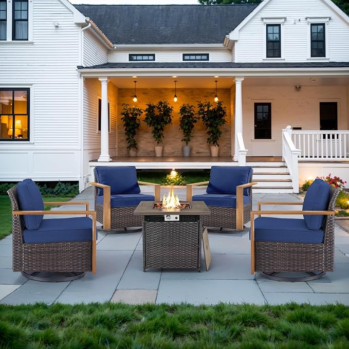 Belord Social 5 Pieces Patio Furniture Set - Swivel Rocker Glider Outdoor Chairs Set of 4 with 50000BTU Propane Fire Pit Table, Durable Wicker Outdoor Conversation Set for Casual Gathering