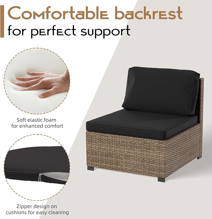 LHBcraft 7 Pieces Outdoor Furniture Set, Wicker Furniture Patio Conversation Sets with Tea Table and Thickened Black Cushions, Outdoor Patio Sectional Sofa for Garden, Poolside, Backyard