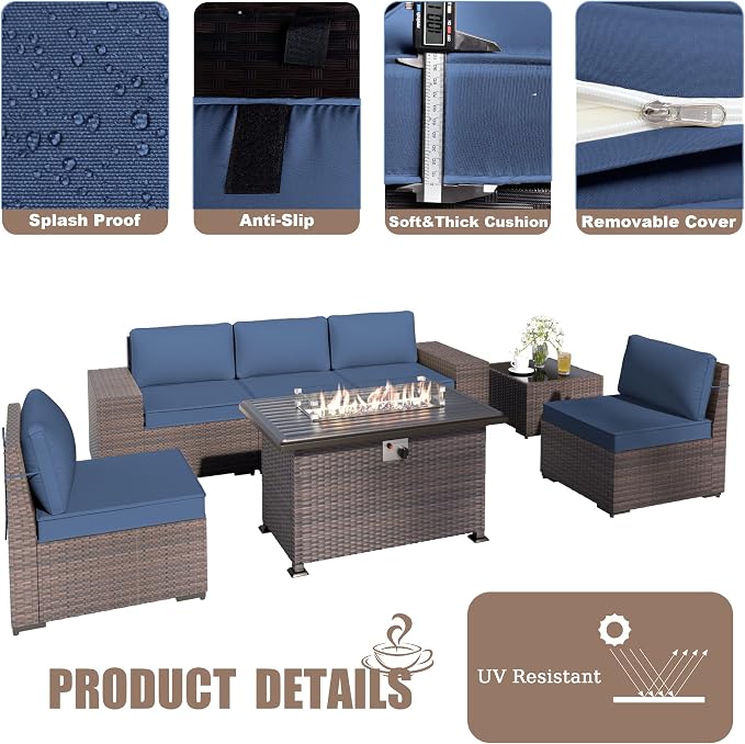 Kurapika 7 Pieces Patio Furniture Set, Rattan Outdoor Conversation Sets w/43in Propane Fire Pit Table and 4 Inch Cushion(Navy Blue)