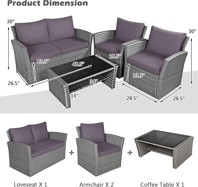 RELAX4LIFE 4-Piece Patio Conversation Seat - Wicker Sofa Set w/Seat & Back Cushions, Coffee Table w/Tempered Glass Tabletop, Outdoor Rattan Sofa Set for Backyard, Porch (Grey)