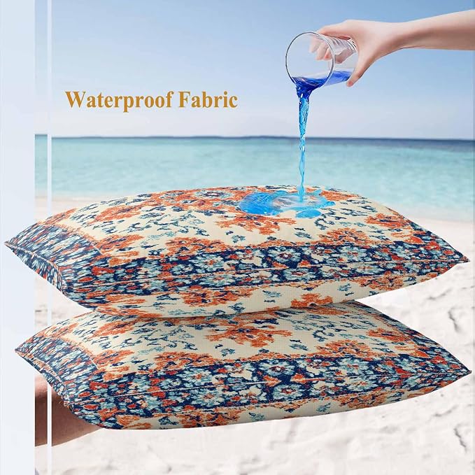 Retro Ethnic Leaves Outdoor Waterproof Throw Pillow Covers Set of 2, 20"x12", Flowers Orange Blue Texture Decorative Pillow Covers Outside Cushion Case for Patio Porch Garden