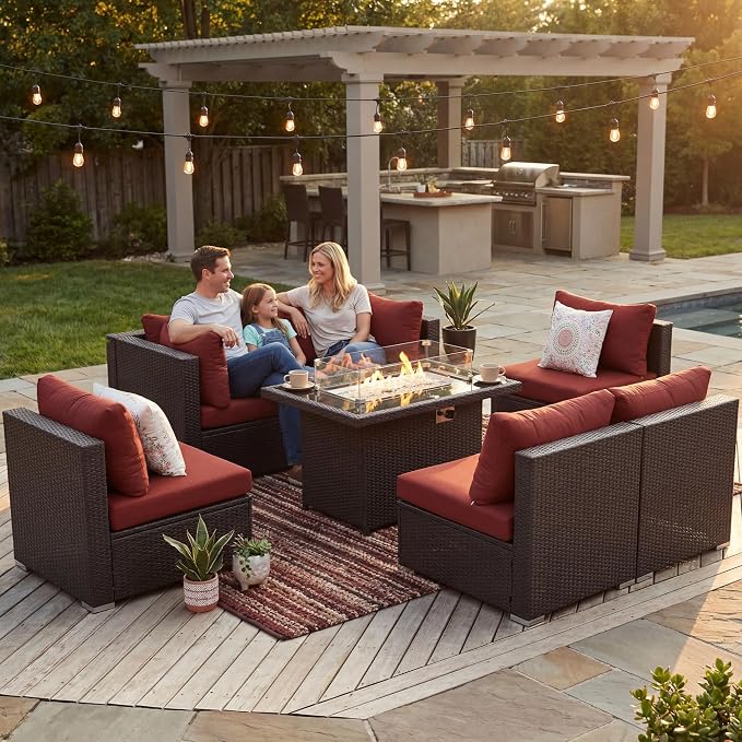 NICESOUL 7 Piece Modular Outdoor Furniture Set with Firepit Natural Gas&Propane, 29.3'' High Back L-Shaped 6-Seater Patio Wicker Sectional Sofa Couch Sets for Tall People, Brown Rattan and Red Cushion