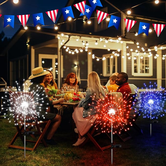 Tujoe 6 Pcs 4th of July Solar Firework Lights Patriotic Solar Light Outdoor Garden 120 LED 8 Modes Waterproof LED Sparkler Light for 250th Anniversary Patio Yard Pathway Walkway (Red,White,Blue)