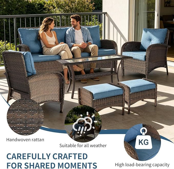 Outdoor Swivel Rocker Patio Chairs (Brown Wicker/Blue Cushion, 6PC/Sofa & Chair &Coffee Table & Ottomans)
