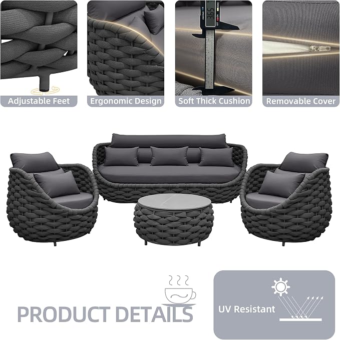 TWT Aluminum Modern Patio Set Three Seater Sofa Outdoor Furniture Set w/Coffee Table,Patio Conversation Set with Hand Woven Teslin Rope for Bedroom Backyard Poolside, Dark Grey