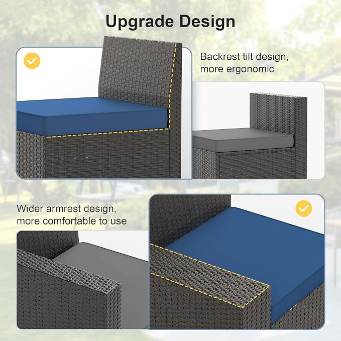 Patio Furniture Set, 6PCS Outdoor Sectional with Ottoman Wicker Rattan Patio Couch with Thickened Cushion Modular Wicker Patio Conversation Set with Glass Top Table for Balcony, Backyard(Blue)