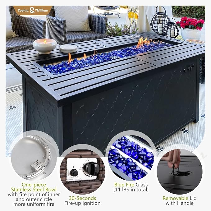 Sophia & William Patio Furniture Set with Fire Pit Table, 9 Piece Outdoor Wicker Furniture Sectional Sofa, Large Patio Rattan Conversation Set with Ottoman & 45" Fire Pit Table(Aqua Blue)