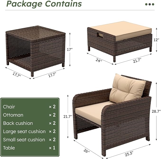 LHBcraft Outdoor Furniture 5 Piece Patio Conversation Set, PE Rattan Patio Set with Soft Cushions & Coffee Table, Outside Furniture with Hidden Ottoman for Porch, Lawn, Garden, Balcony, Brown